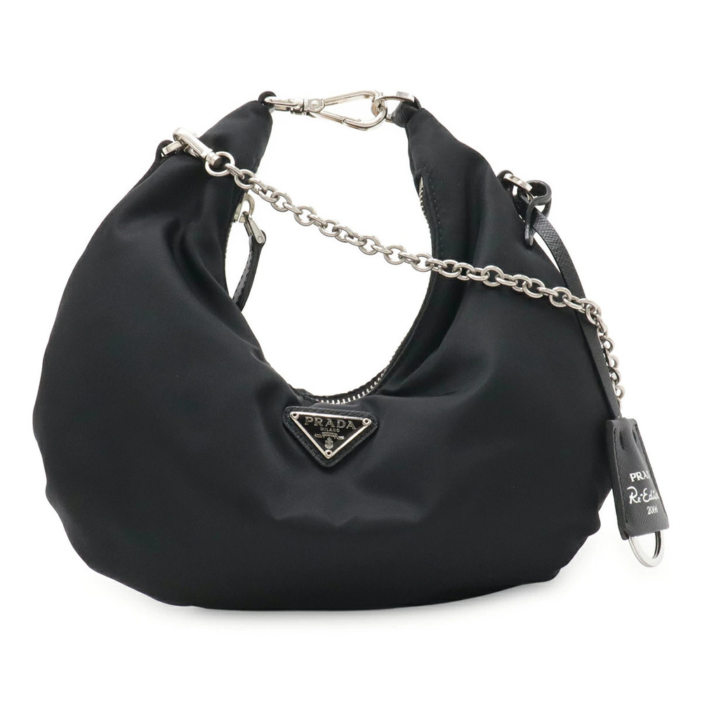 Prada Triangle Chain Shoulder Bag Leather NERO Black Re Edition